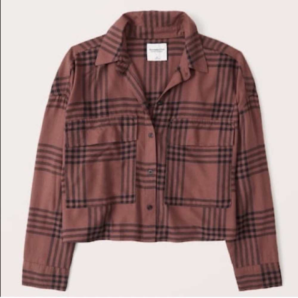 Abercrombie & Fitch 90s Cropped Flannel Dark Red Plaid Size Large EUC